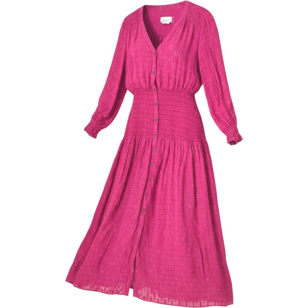 Anthropologie Magenta Pink Metallic Clip Dot Smocked Midi Dress Womens Medium